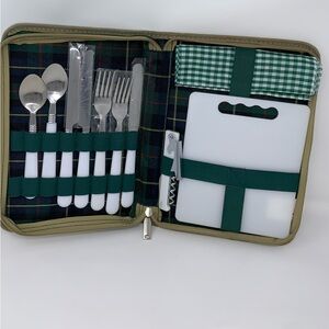 Tartan Plaid Packable Compact Picnic Set Knives Forks Spoons Wine Opener Napkins